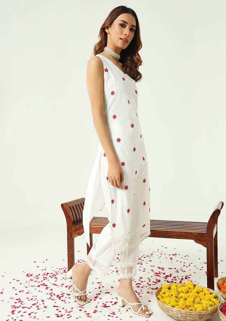 White Printed Cotton Kurta Set