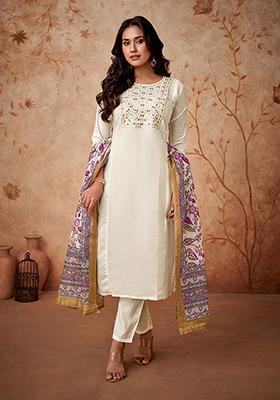Off White Embroidered Viscose Chanderi Kurta Set