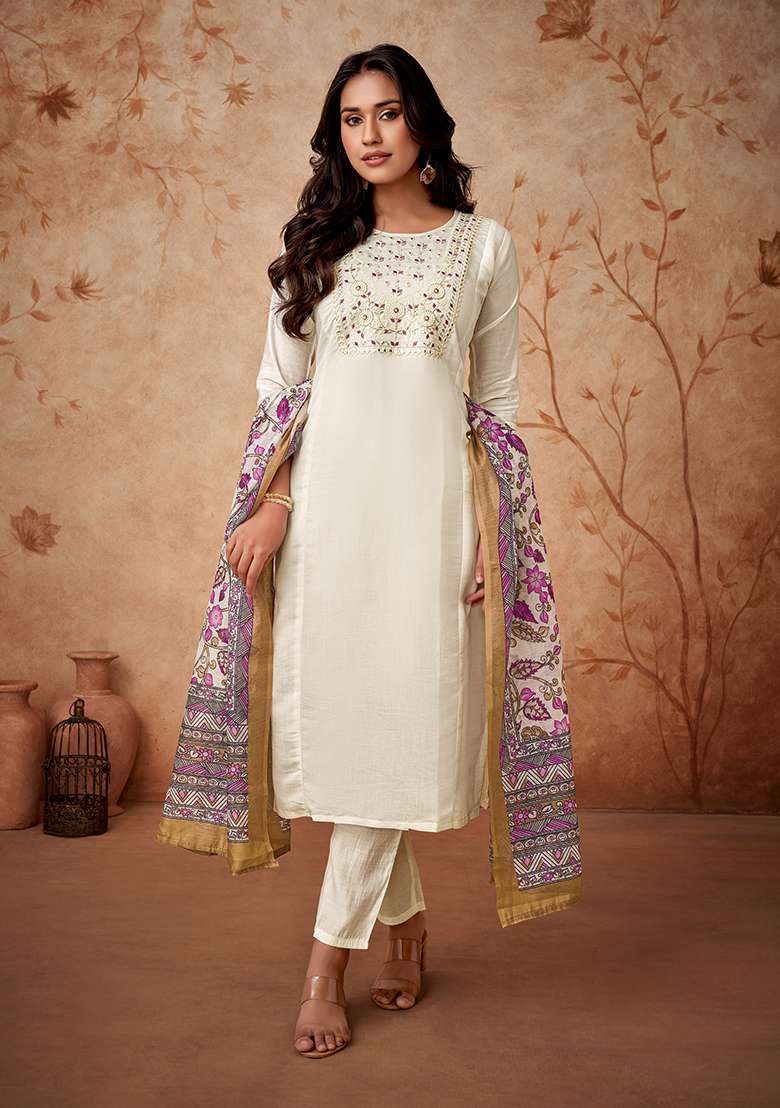 Off White Embroidered Viscose Chanderi Kurta Set - Indya
