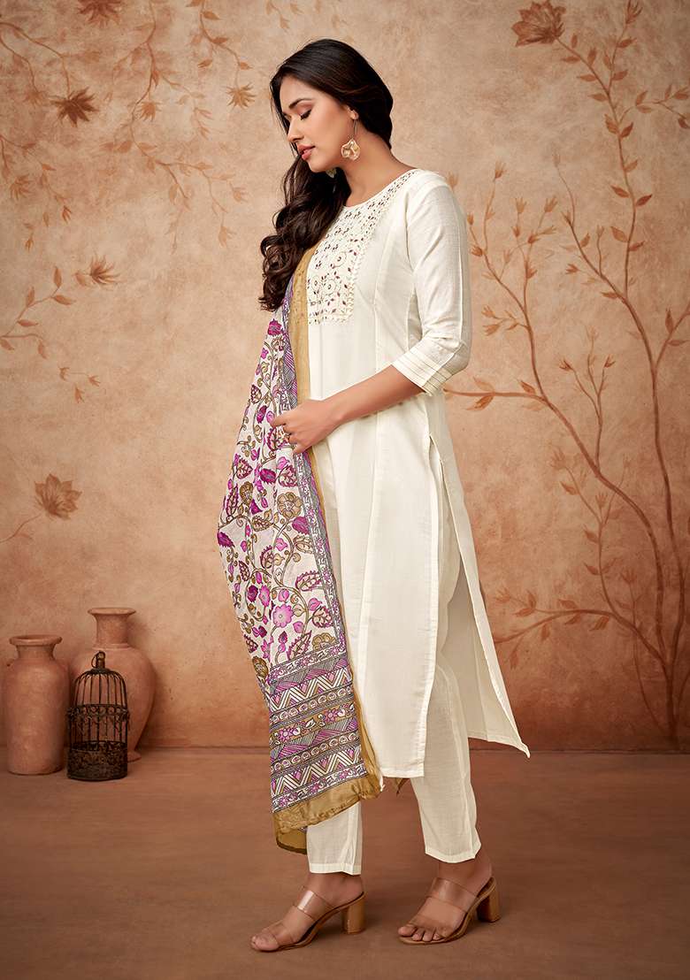 Off White Embroidered Viscose Chanderi Kurta Set - Indya