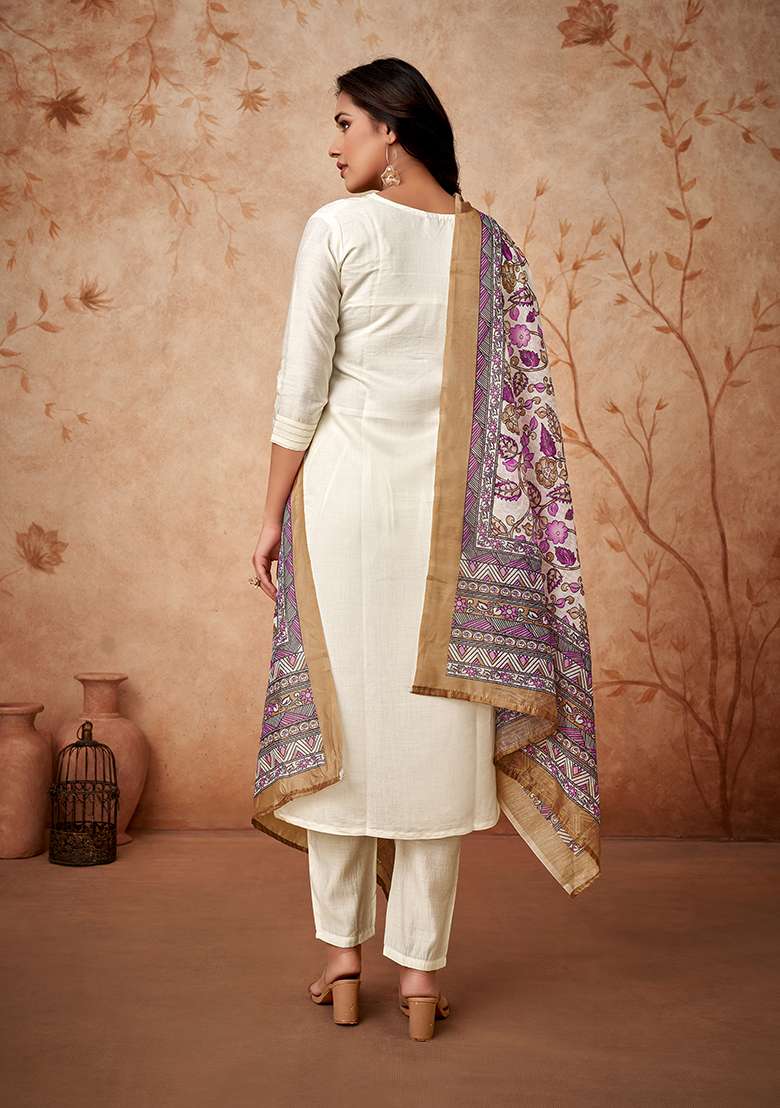 Off White Embroidered Viscose Chanderi Kurta Set - Indya