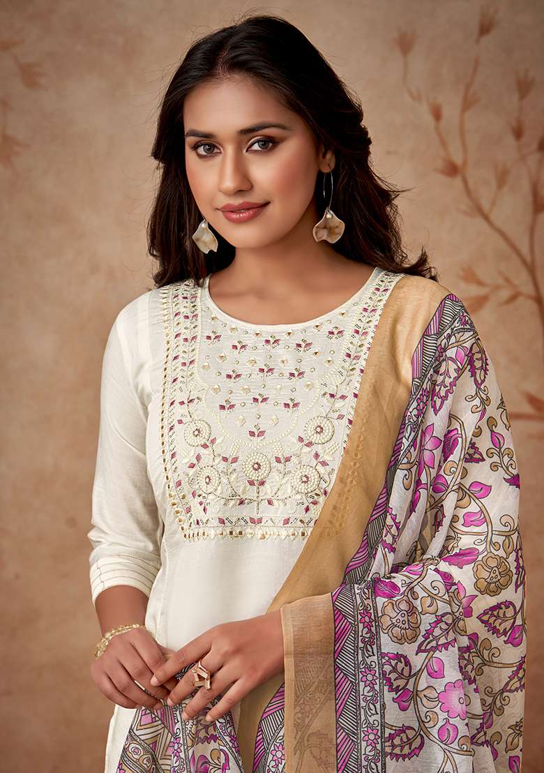 Off White Embroidered Viscose Chanderi Kurta Set - Indya