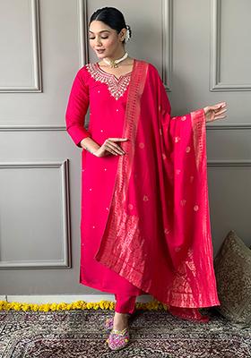 Red Embroidered Viscose Chanderi Kurta Set