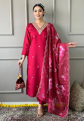 Red Embroidered Viscose Chanderi Kurta Set