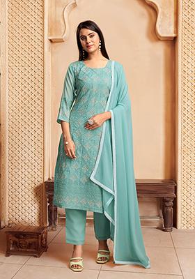 Blue Embroidered Georgette Kurta Set
