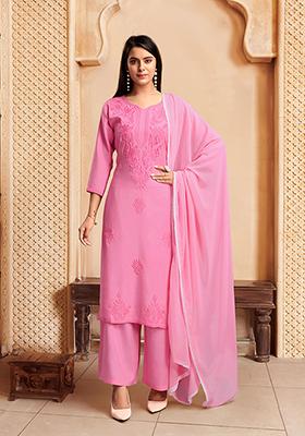 Pink Embroidered Rayon Kurta Set