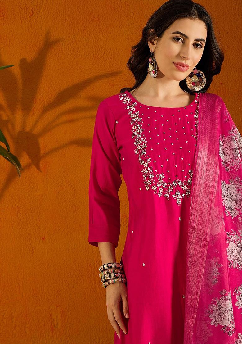 Pink Embroidered Viscose Chanderi Kurta Set