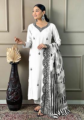 Off White Embroidered Viscose Chanderi Kurta Set