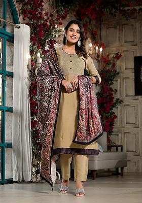 Golden Embroidered Silk Blend Kurta Set