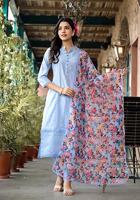 Blue Embroidered Silk Blend Kurta Set