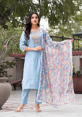 Blue Embroidered Silk Blend Kurta Set