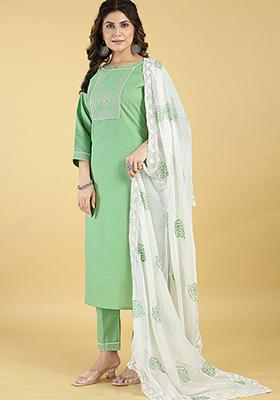 Green Embroidered Cotton Blend Kurta Set