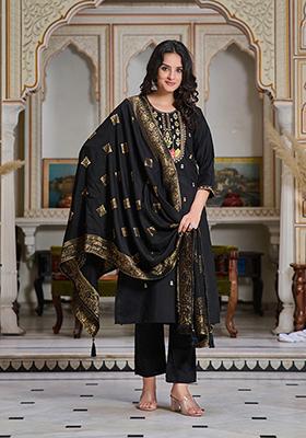 Black Woven Chanderi Kurta Set