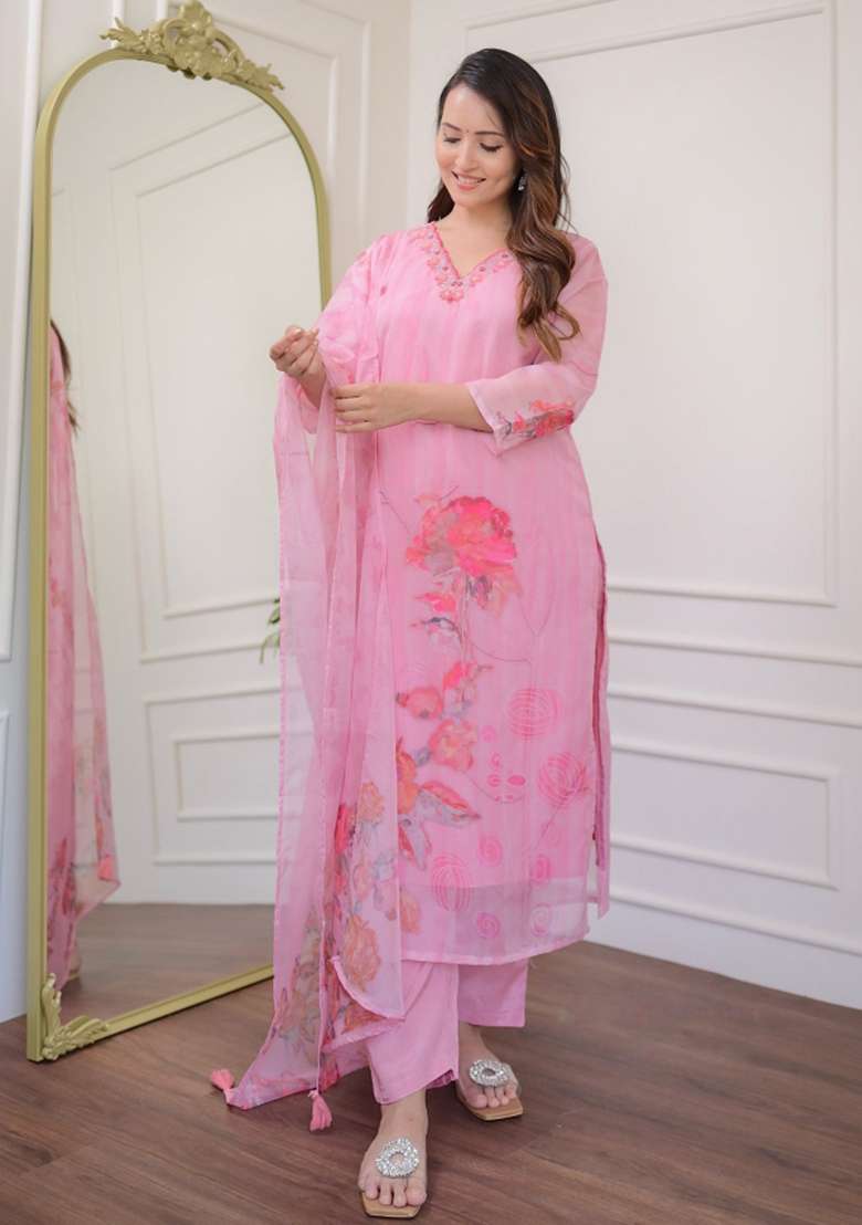 Pink Embroidered Viscose Rayon Kurta Set - Indya