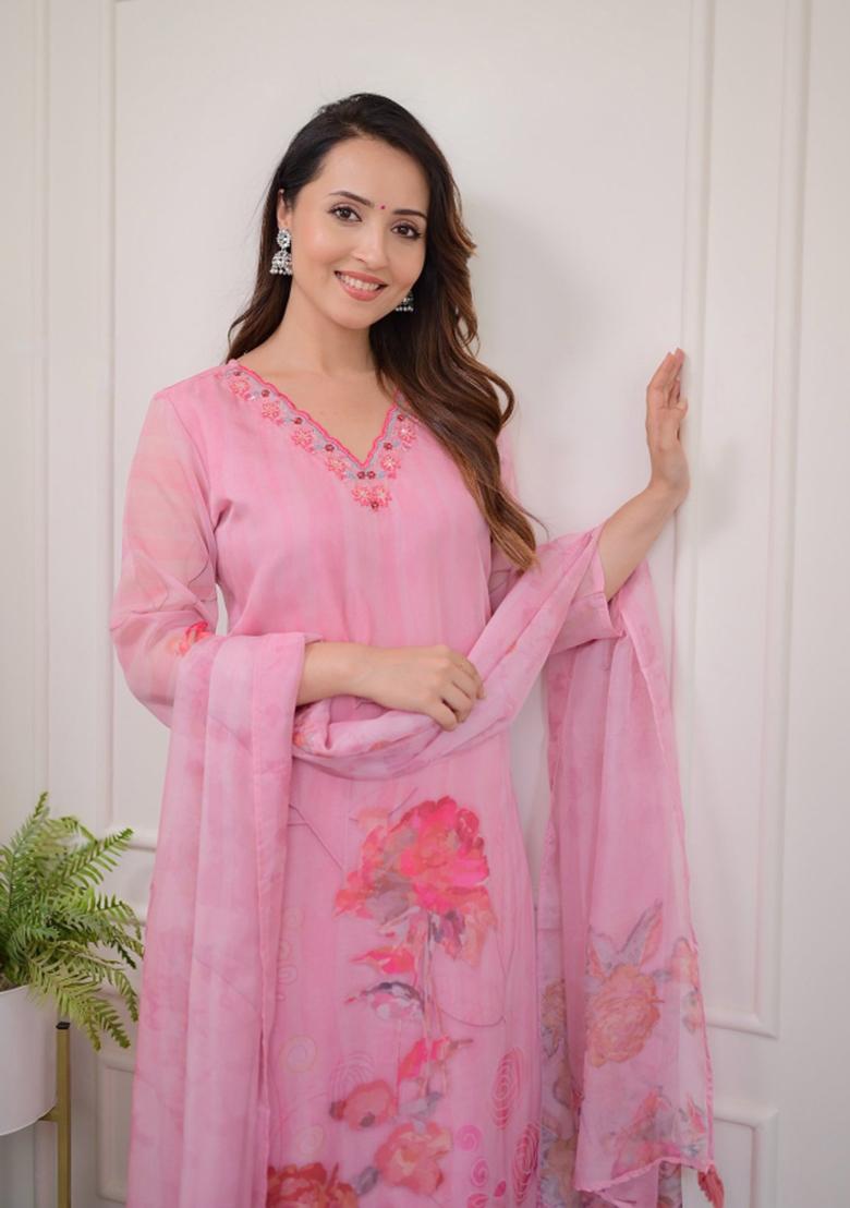 Pink Embroidered Viscose Rayon Kurta Set