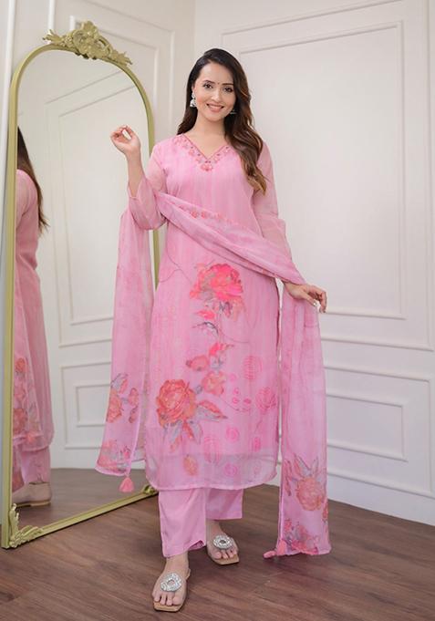 Pink Embroidered Viscose Rayon Kurta Set