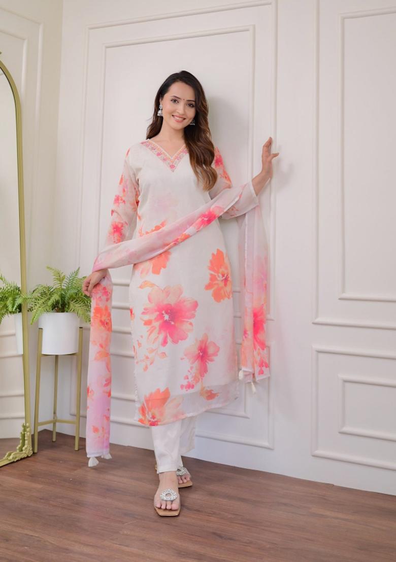 Off White Embroidered Viscose Rayon Kurta Set