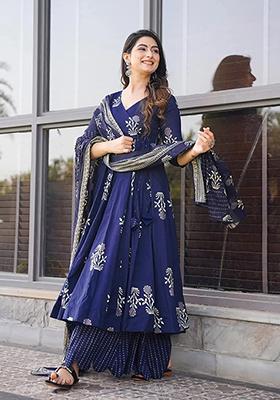 Blue Printed Muslin Kurta Set