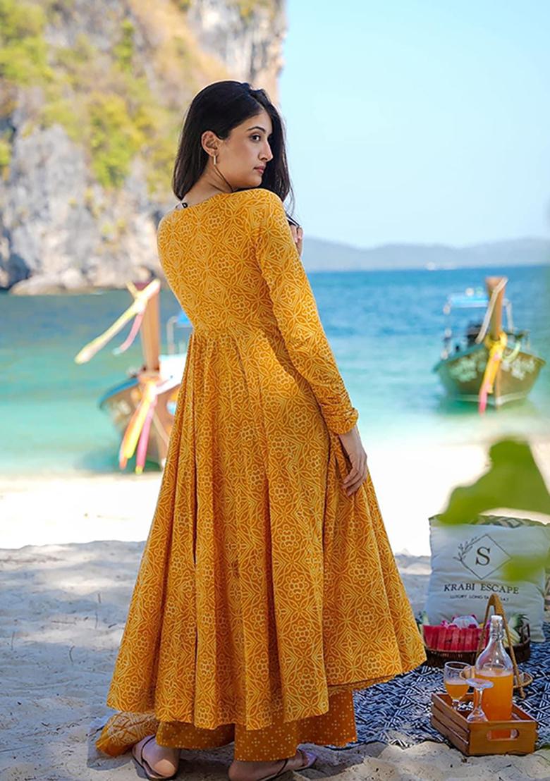 Mustard Printed Muslin Kurta Set
