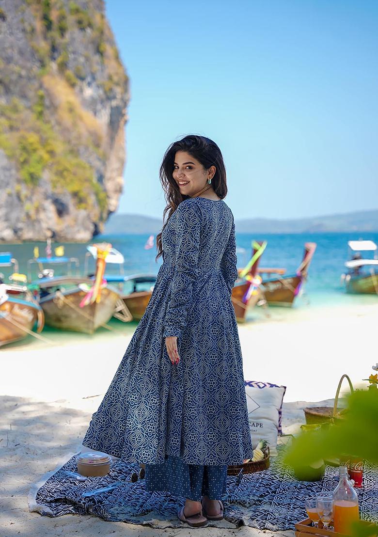 Blue Printed Muslin Kurta Set