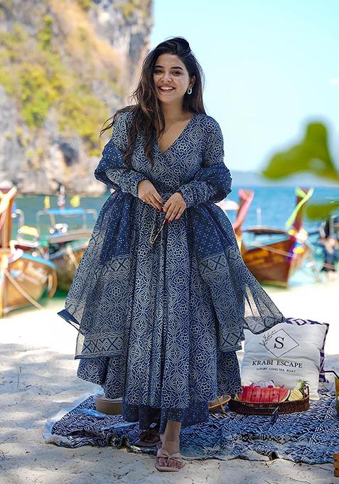 Blue Printed Muslin Kurta Set