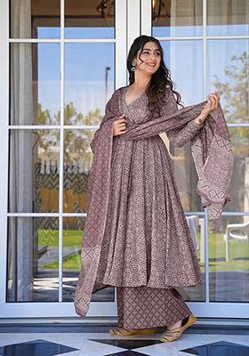 Purple Printed Muslin Kurta Set