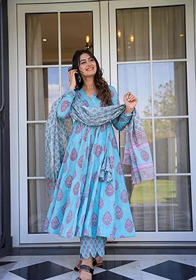 Sky Blue Printed Muslin Kurta Set