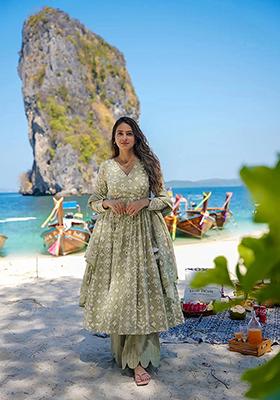 Green Printed Muslin Kurta Set