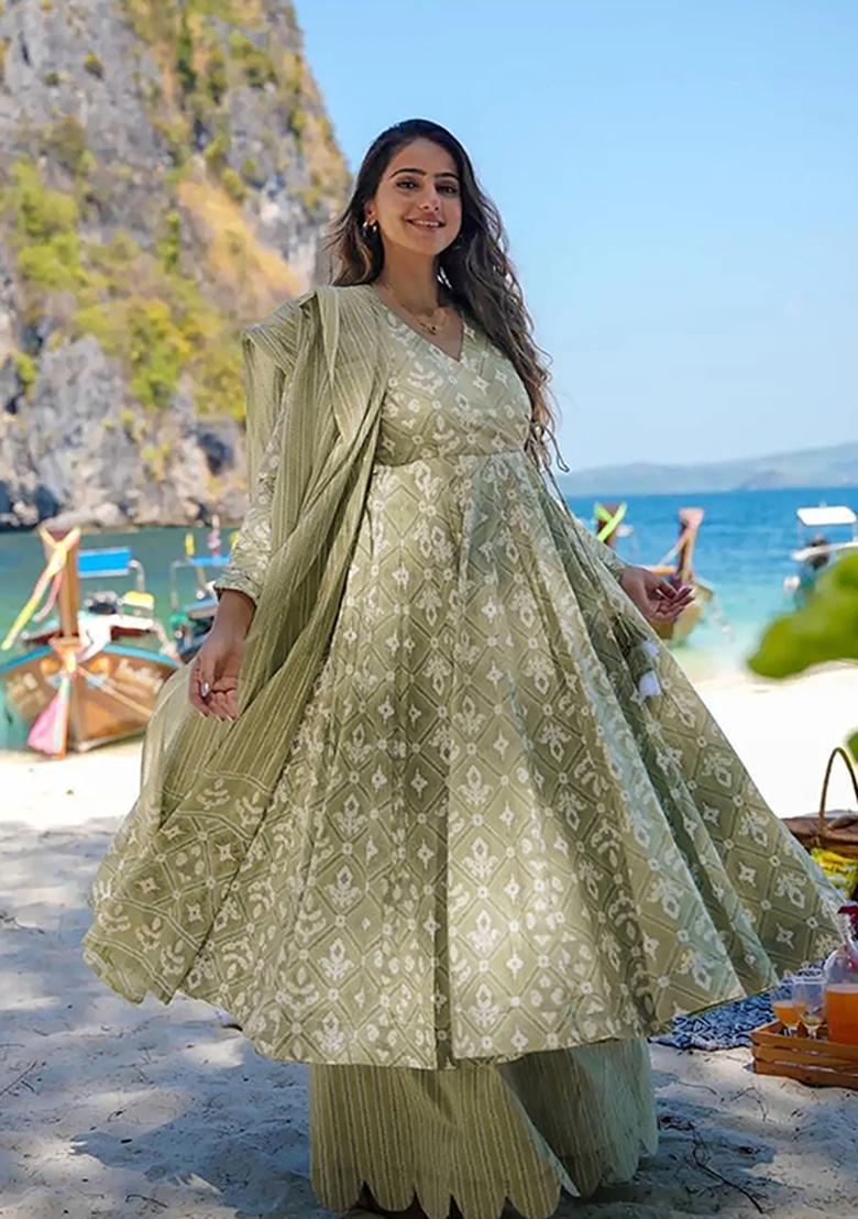 Green Printed Muslin Kurta Set