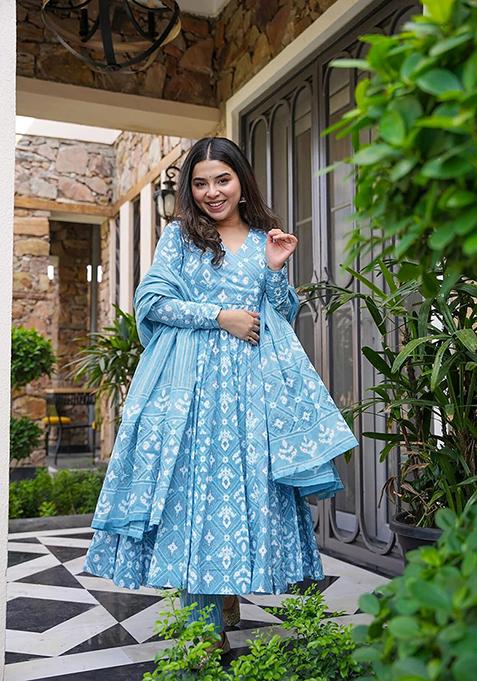 Sky Blue Printed Muslin Kurta Set