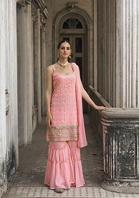 Pink Embroidered Faux Georgette Kurta Set