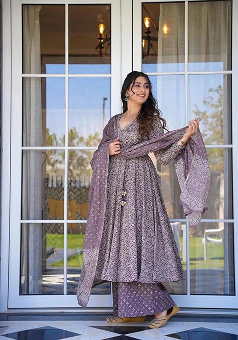 Mauve Printed Cotton Kurta Set