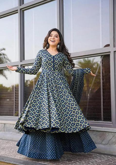 Blue Printed Cotton Kurta Set