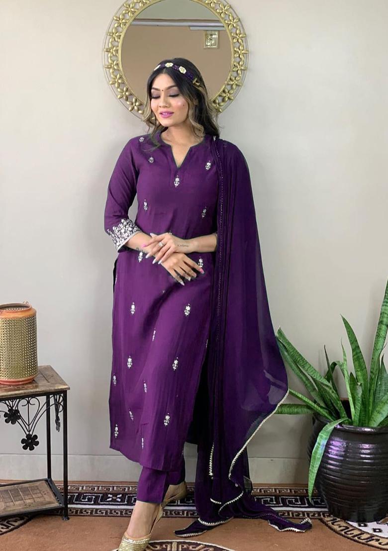 Purple Embroidered Rayon Slub Kurta Set