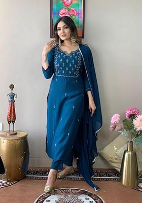 Teal Embroidered Rayon Slub Kurta Set