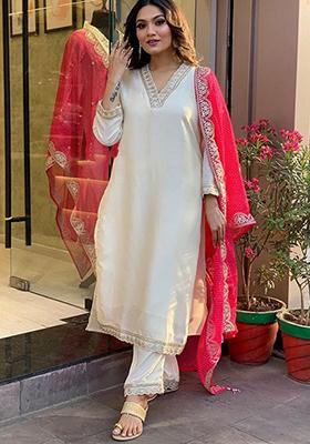 Cream Embroidered Chanderi Kurta Set