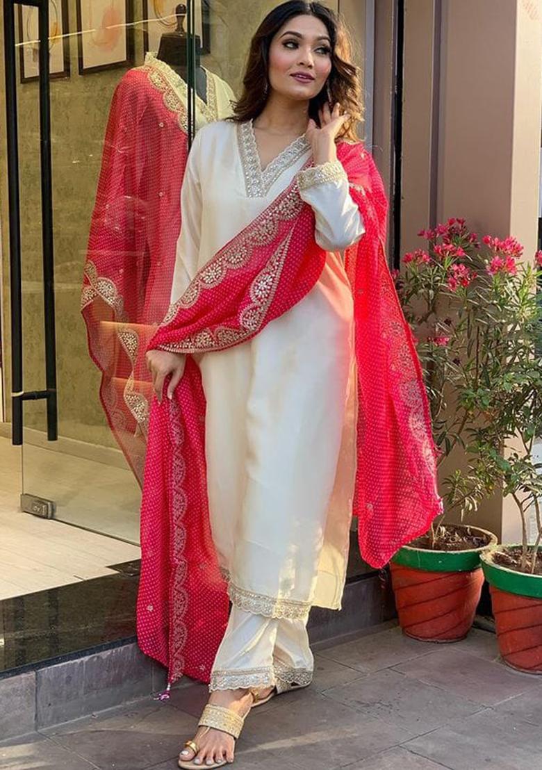 Cream Embroidered Chanderi Kurta Set