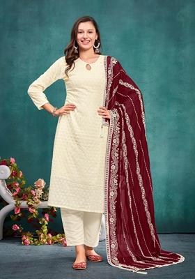 Off White Embroidered Georgette Kurta Set
