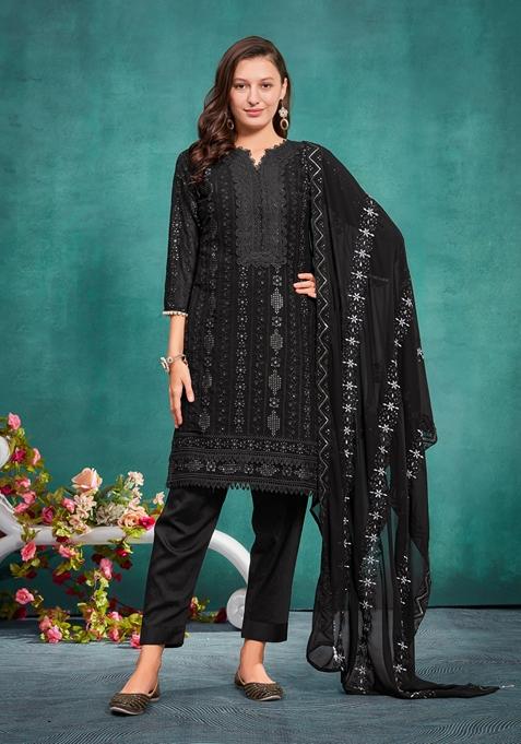 Black Embroidered Viscose Silk Kurta Set