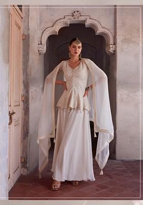 Off White Embroidered Georgette Kurta Set