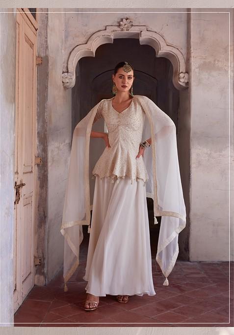 Off White Embroidered Georgette Kurta Set