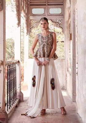 Off White Embroidered Georgette Kurta Set