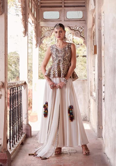 Off White Embroidered Georgette Kurta Set