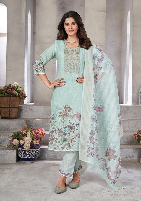 Aqua Green Embroidered Cotton Kurta Set with dupatta for Women