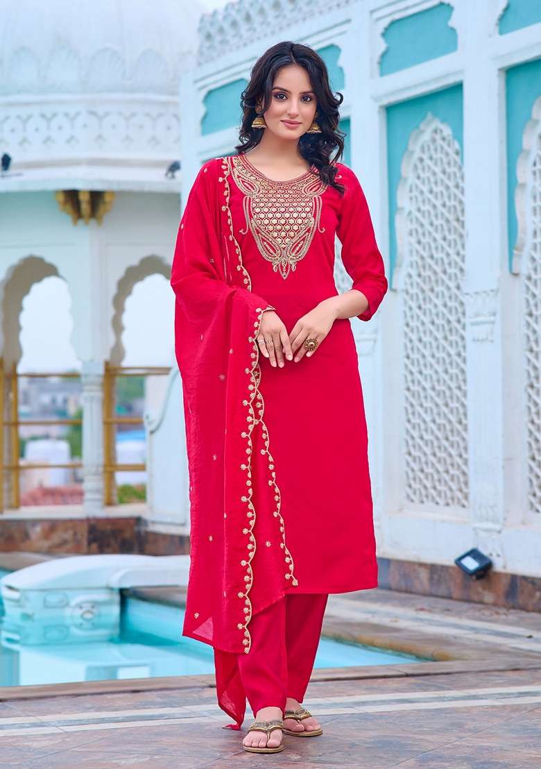 Pink Embroidered Chanderi Kurta Set - Indya