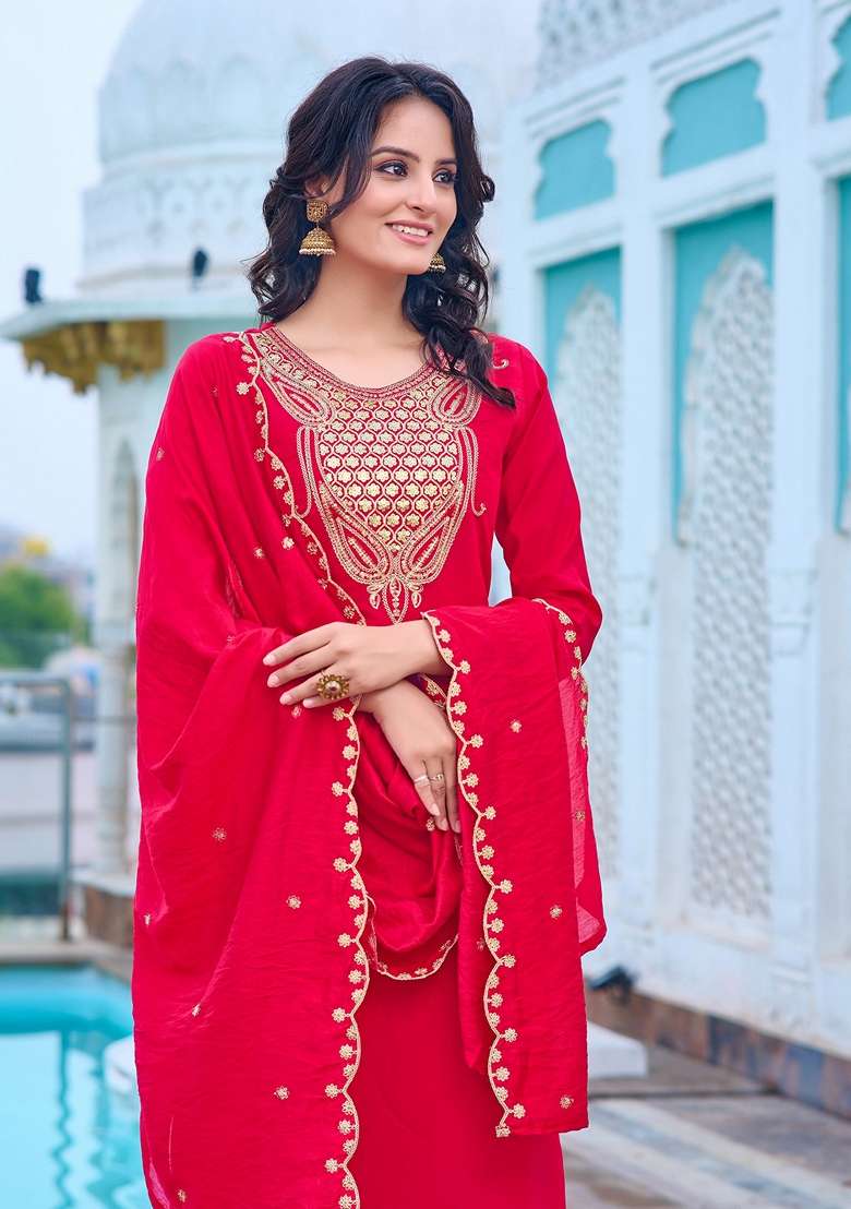 Pink Embroidered Chanderi Kurta Set - Indya