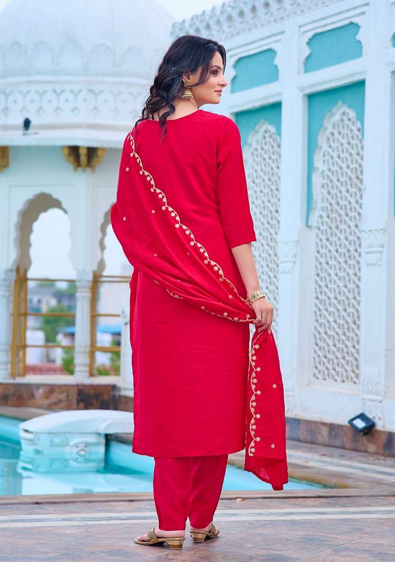 Pink Embroidered Chanderi Kurta Set - Indya
