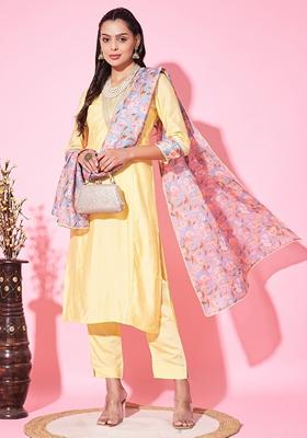 Yellow Embroidered Silk Blend Kurta Set
