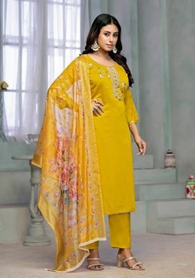 Yellow Embroidered Rayon Cotton Kurta Set