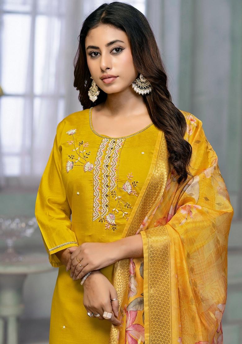 Yellow Embroidered Rayon Cotton Kurta Set